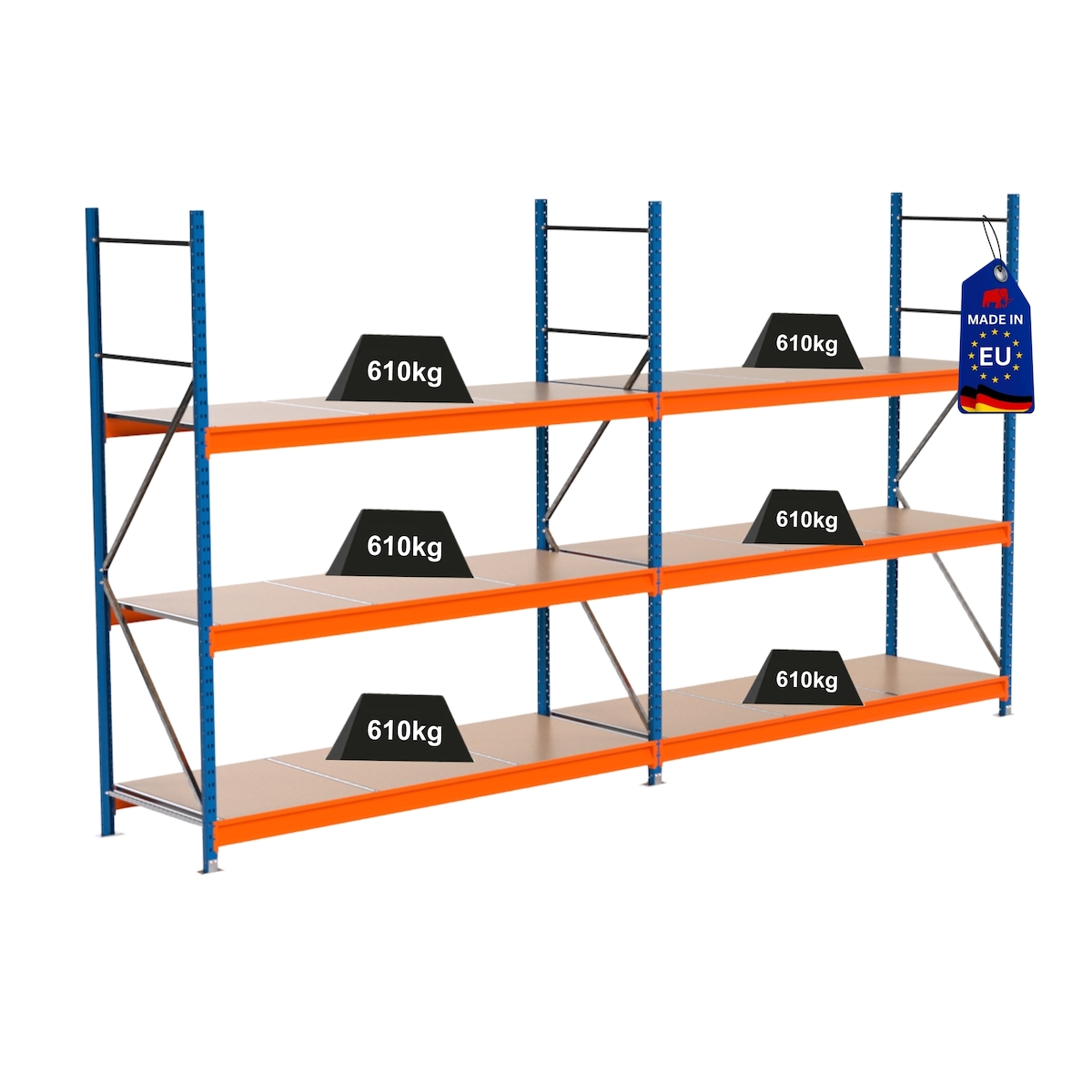 PROREGAL Industrie Schwerlastregal MAXIMUS PRO, Komplettregal, HxBxT 250x450x80cm, 3 Ebenen, Spanplatten-Fachboden, Fachlast 610 kg, Blau/Orange Image