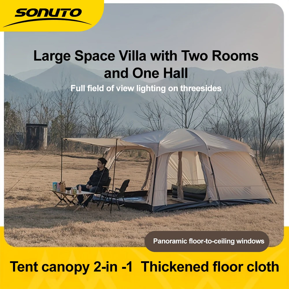 Tente de camping familiale instantanée Sonuto, imperméable, double couche, 2 chambres, spacieuse, grande tente pour les voyages en plein air, la plage, la voiture