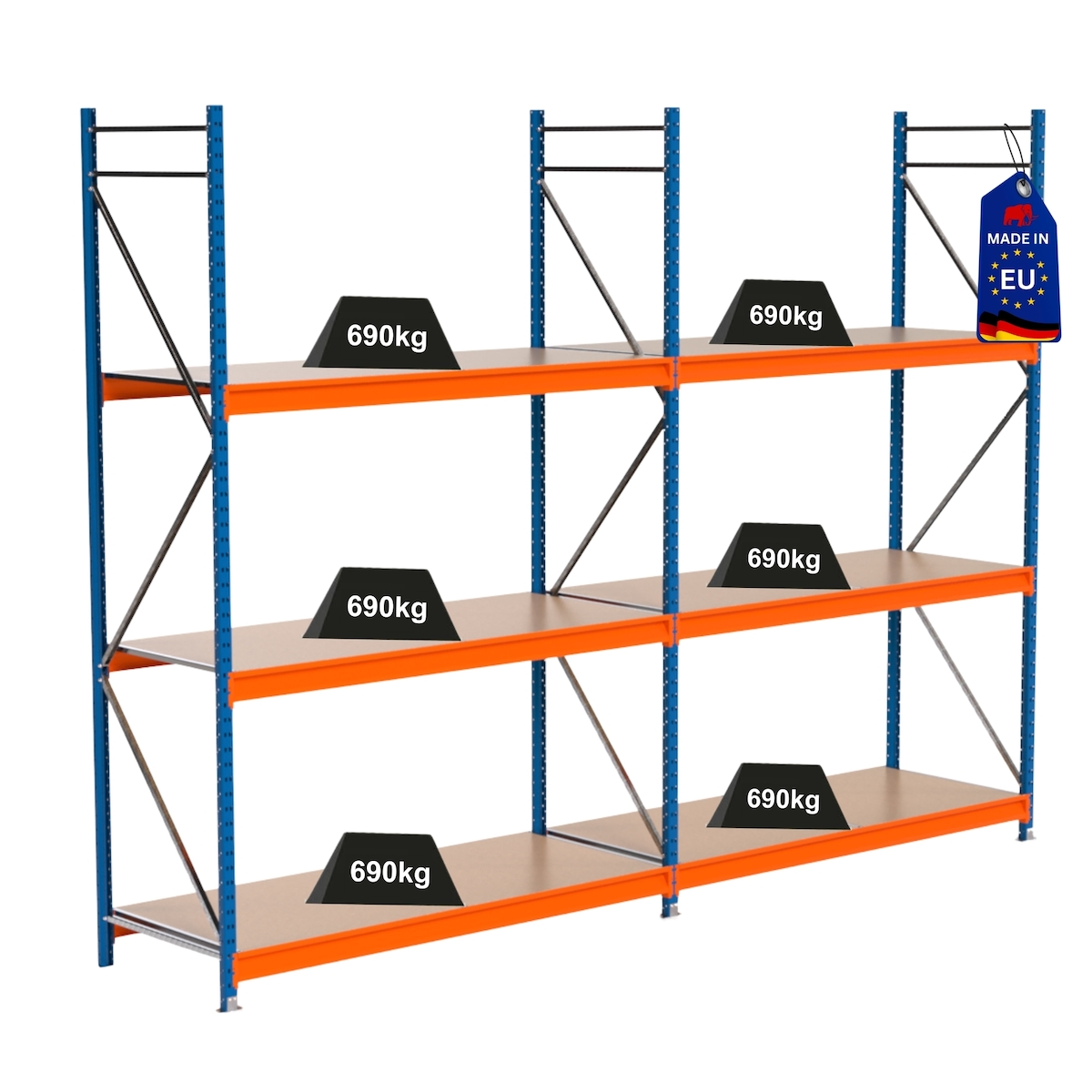 PROREGAL Industrie Schwerlastregal MAXIMUS PRO, Komplettregal, HxBxT 300x400x80cm, 3 Ebenen, Spanplatten-Fachboden, Fachlast 690 kg, Blau/Orange Image
