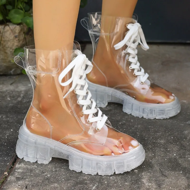Runde Zehen, wasserdichte Schnür-Plattform, transparente Stiefeletten, modische, rutschfeste Blockabsatz-Schuhe für Damen Image