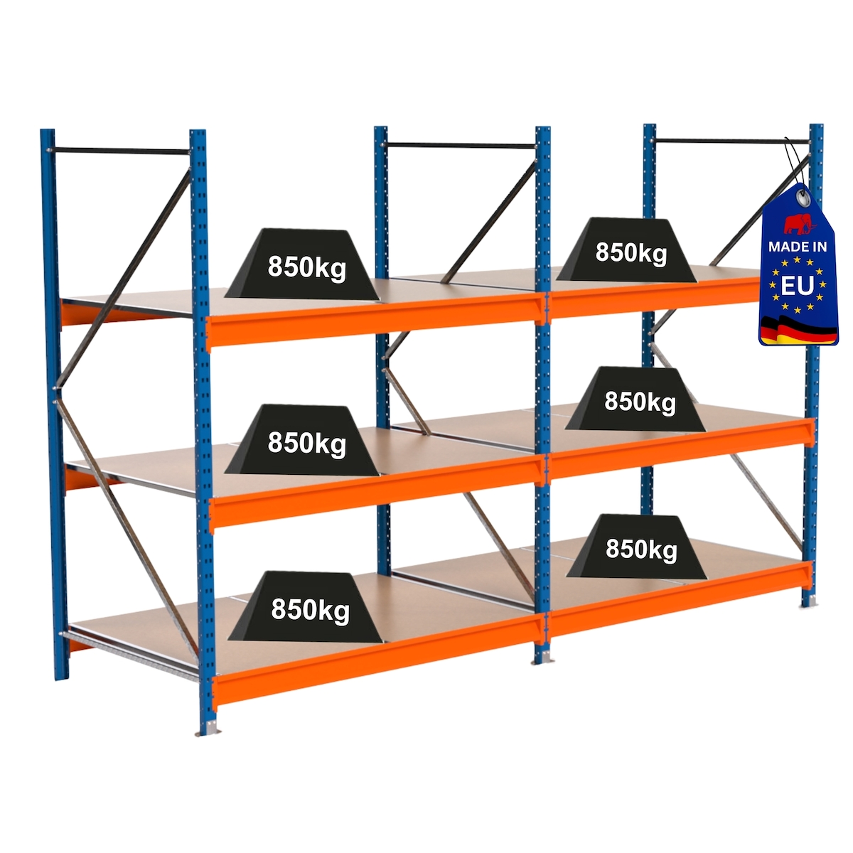PROREGAL Industrie Schwerlastregal MAXIMUS PRO, Komplettregal, HxBxT 200x300x100cm, 3 Ebenen, Spanplatten-Fachboden, Fachlast 850 kg, Blau/Orange Image