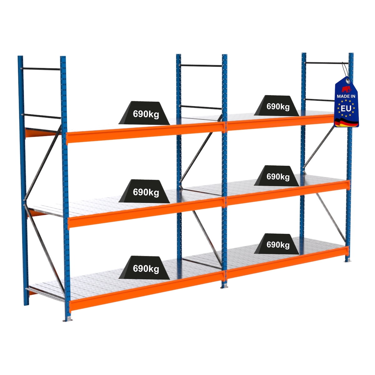 PROREGAL Industrie Schwerlastregal MAXIMUS PRO, Komplettregal, HxBxT 250x400x80cm, 3 Ebenen, Stahlplatten-Fachboden, Fachlast 690 kg, Blau/Orange Image
