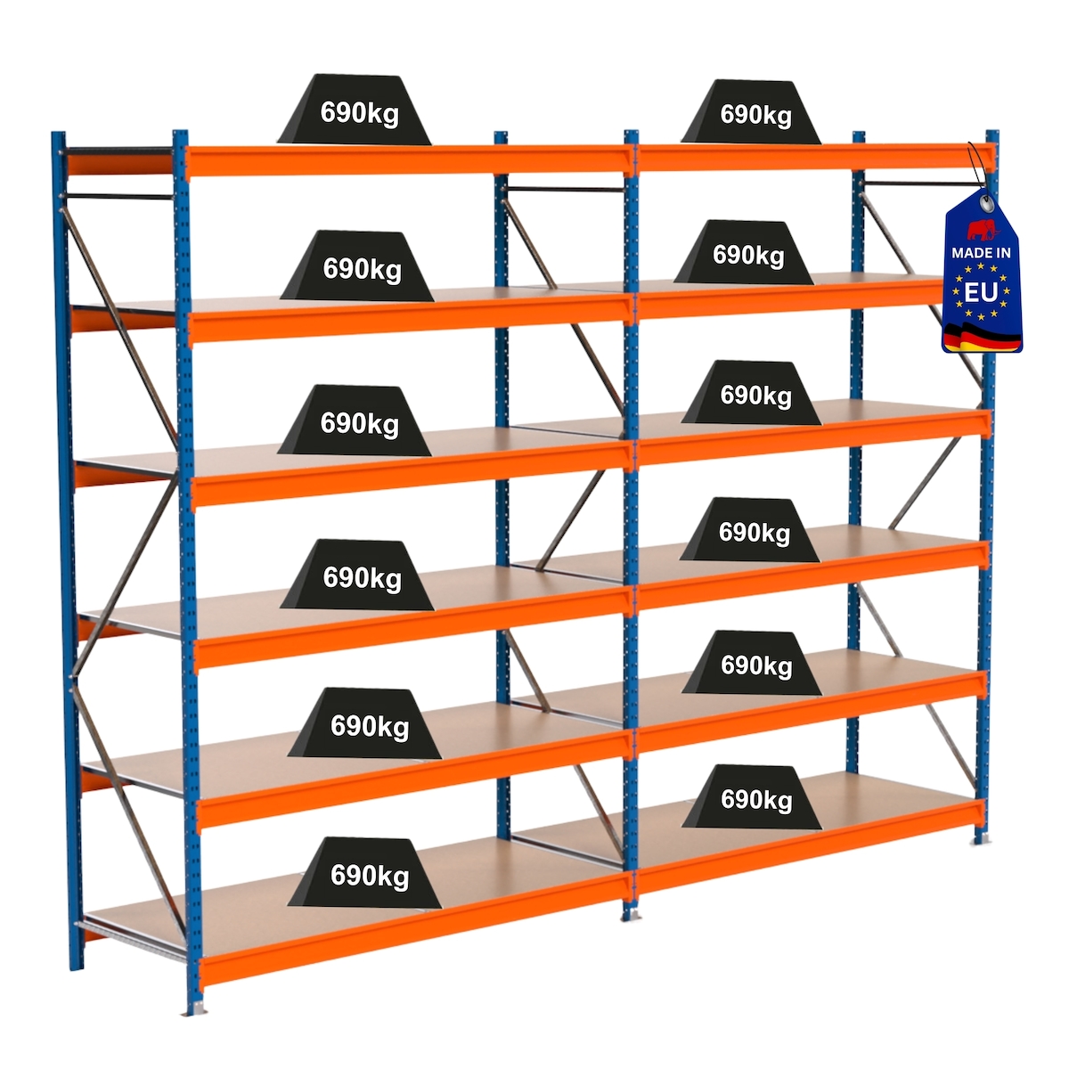 PROREGAL Industrie Schwerlastregal MAXIMUS PRO, Komplettregal, HxBxT 300x400x80cm, 6 Ebenen, Spanplatten-Fachboden, Fachlast 690 kg, Blau/Orange Image