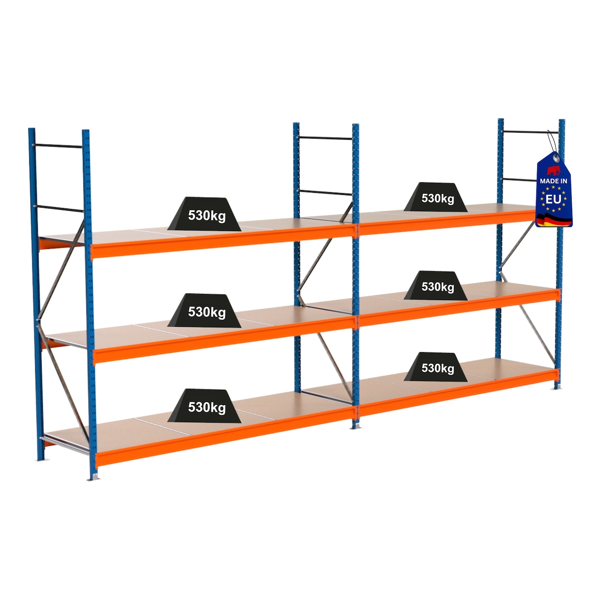PROREGAL Industrie Schwerlastregal MAXIMUS PRO, Komplettregal, HxBxT 250x500x80cm, 3 Ebenen, Spanplatten-Fachboden, Fachlast 530 kg, Blau/Orange Image