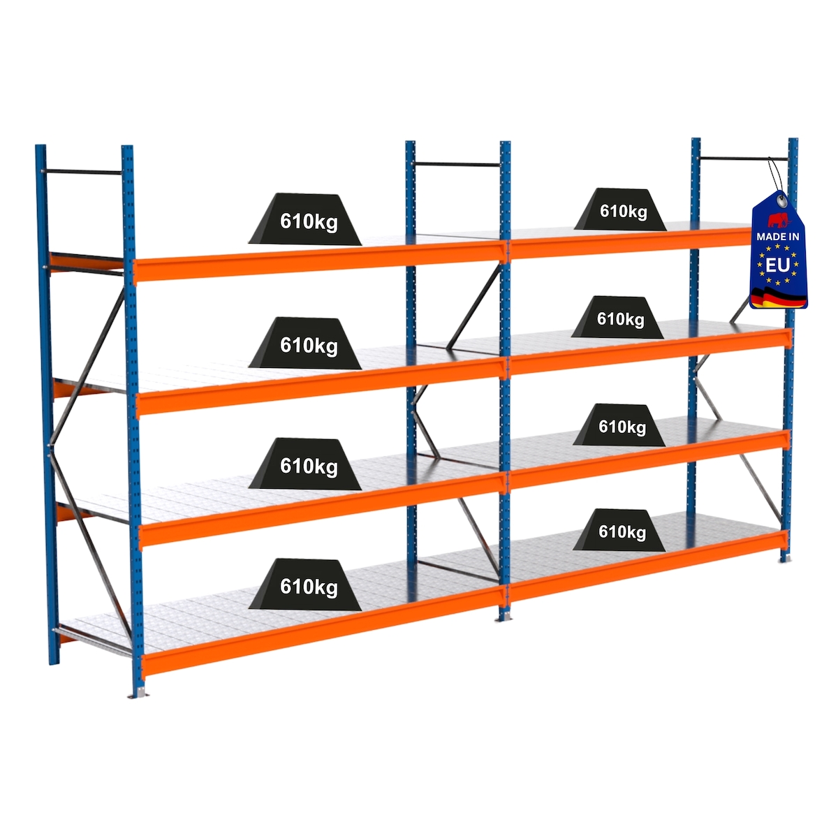 PROREGAL Industrie Schwerlastregal MAXIMUS PRO, Komplettregal, HxBxT 250x450x80cm, 4 Ebenen, Stahlplatten-Fachboden, Fachlast 610 kg, Blau/Orange Image