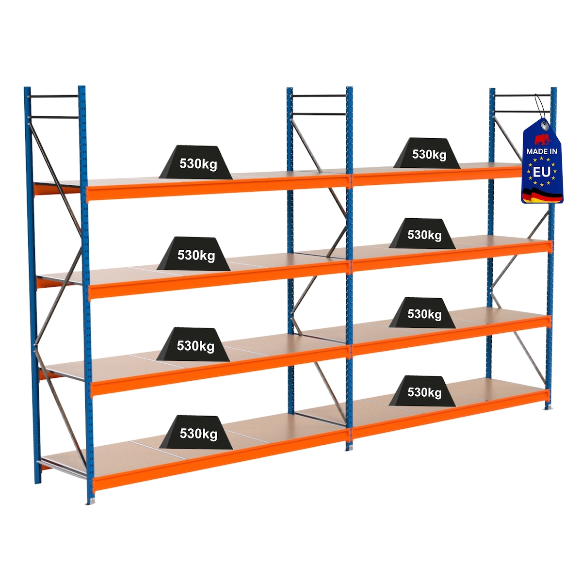 PROREGAL Industrie Schwerlastregal MAXIMUS PRO, Komplettregal, HxBxT 300x500x80cm, 4 Ebenen, Spanplatten-Fachboden, Fachlast 530 kg, Blau/Orange Image