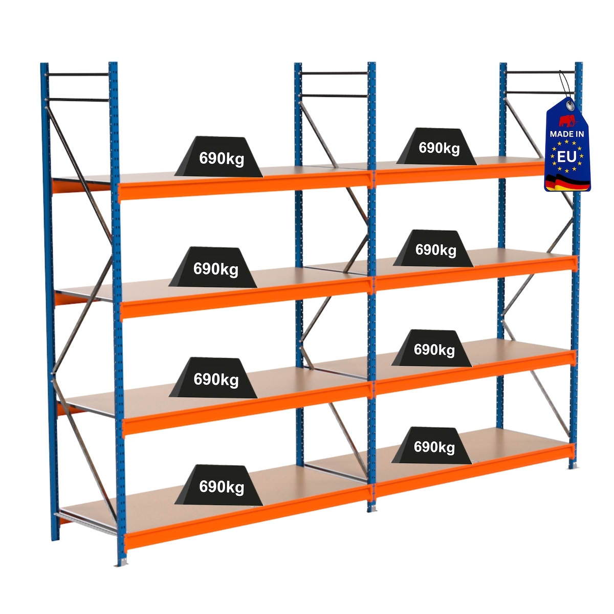 PROREGAL Industrie Schwerlastregal MAXIMUS PRO, Komplettregal, HxBxT 300x400x80cm, 4 Ebenen, Spanplatten-Fachboden, Fachlast 690 kg, Blau/Orange Image