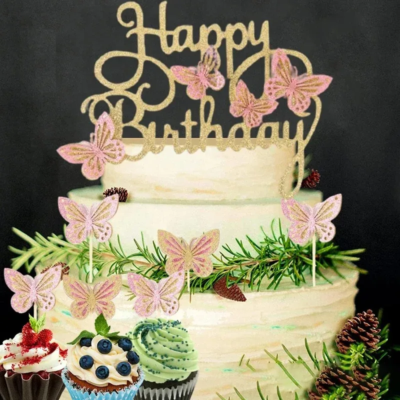 13Pcs Alles Gute Zum Geburtstag Schmetterling Kuchen Topper Geburtstag Party Kuchen Dekoration Simulation Schmetterlinge Party Liefert Kuchen Einsatz Image