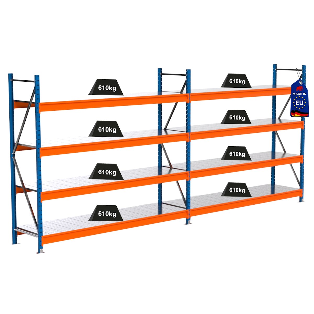 PROREGAL Industrie Schwerlastregal MAXIMUS PRO, Komplettregal, HxBxT 200x450x60cm, 4 Ebenen, Stahlplatten-Fachboden, Fachlast 610 kg, Blau/Orange Image