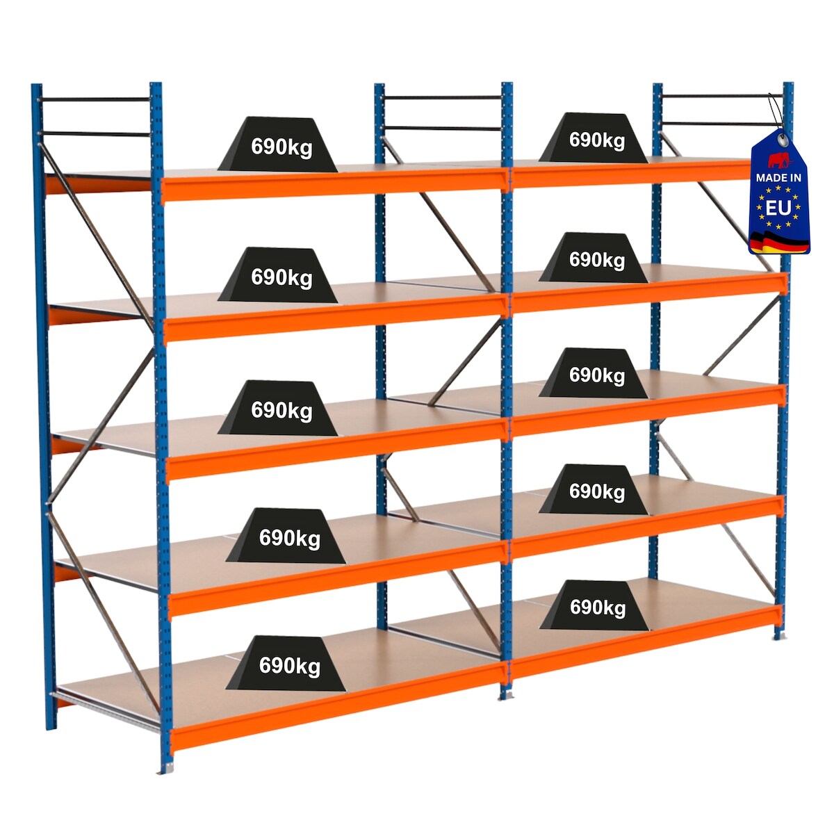 PROREGAL Industrie Schwerlastregal MAXIMUS PRO, Komplettregal, HxBxT 300x400x100cm, 5 Ebenen, Spanplatten-Fachboden, Fachlast 690 kg, Blau/Orange Image