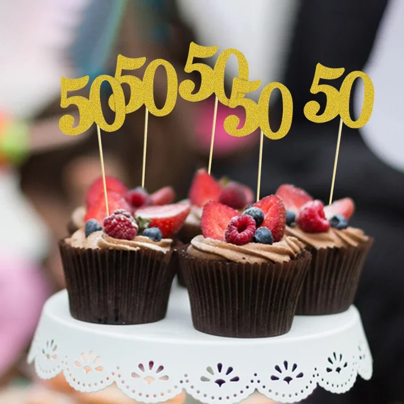 12 Stück funkelnde Cupcake-Topper zum 50. Geburtstag zum 50. Geburtstag, Kucheneinsatz zum 50. Geburtstag, Kuchendeckel für die Jubiläumsfeier-Dekoration Image