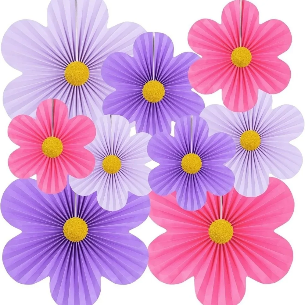 9 Teile/satz Rosa Papier Fan Blume DIY Floral Pom Poms Wand Hängen Banner Wiederverwendbare Klassenzimmer Hintergrund Image