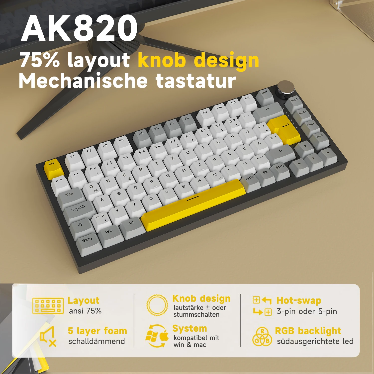 Ajazz AK820 75% Kabelgebundene Mechanische Gaming-Tastatur mit Lautstärkeregler - Südlich Gerichtete LED Image