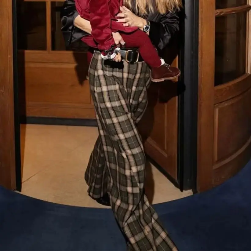 Damen Loose-Fit Hosen Modische Klassische Karierte Hochtaillierte Freizeithose mit Taschen Weites Bein Y2K Büro Retro Trendige Lange Hosen Image