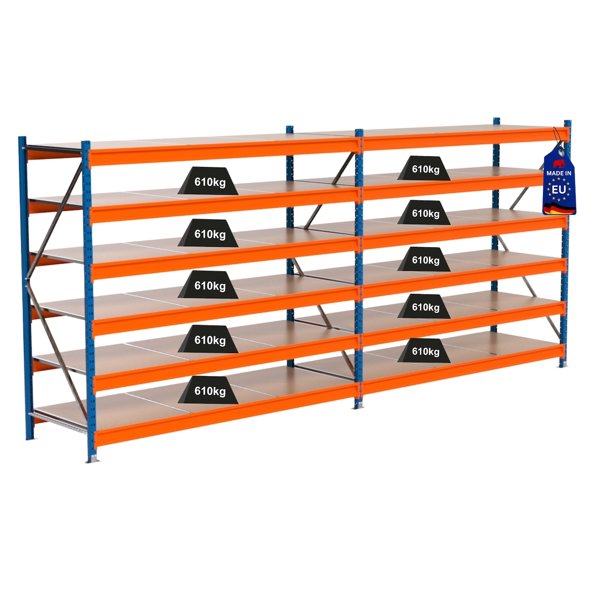 PROREGAL Industrie Schwerlastregal MAXIMUS PRO, Komplettregal, HxBxT 200x450x80cm, 6 Ebenen, Spanplatten-Fachboden, Fachlast 610 kg, Blau/Orange Image