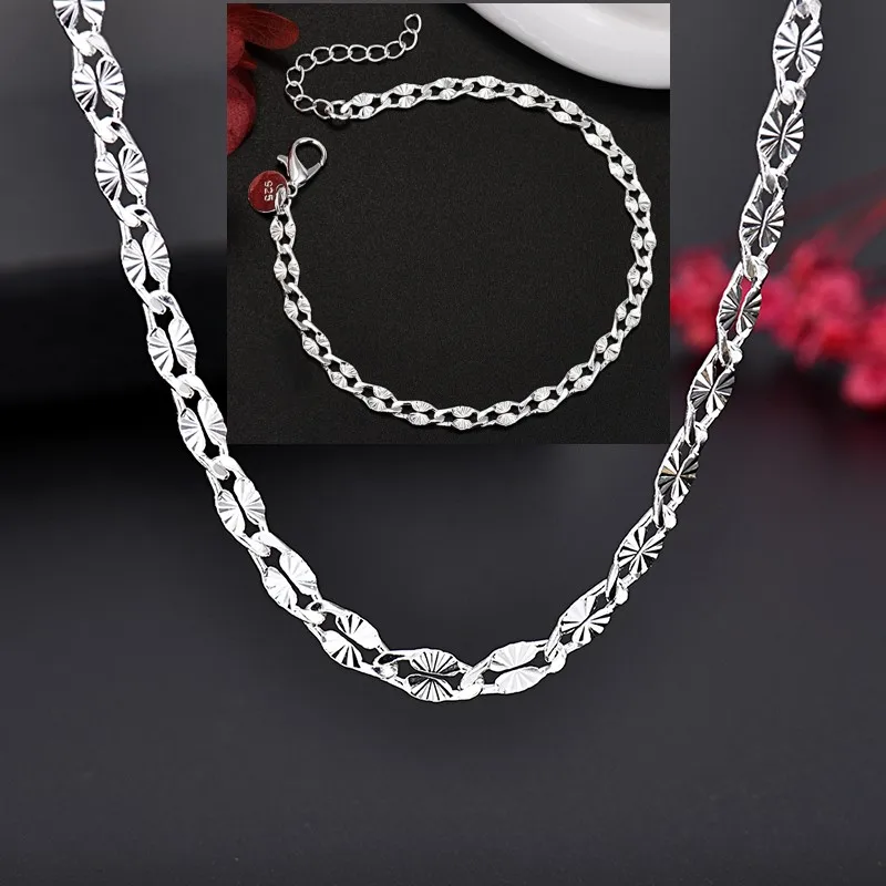 2 Stück elegantes 925er Sterlingsilber, 4 mm Breite, Kettenarmband, Halskette, Schmuckset, für Damen, Herren, Hochzeit, Valentinstagsgeschenk Image