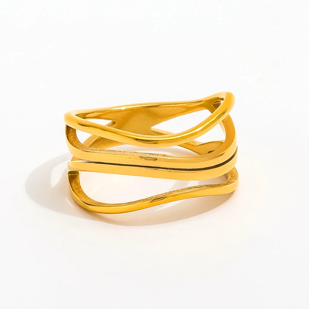 Gioiello Joolim da donna placcato oro 18K impermeabile senza appannamento in acciaio inossidabile grosso anello cavo a croce multistrato regalo