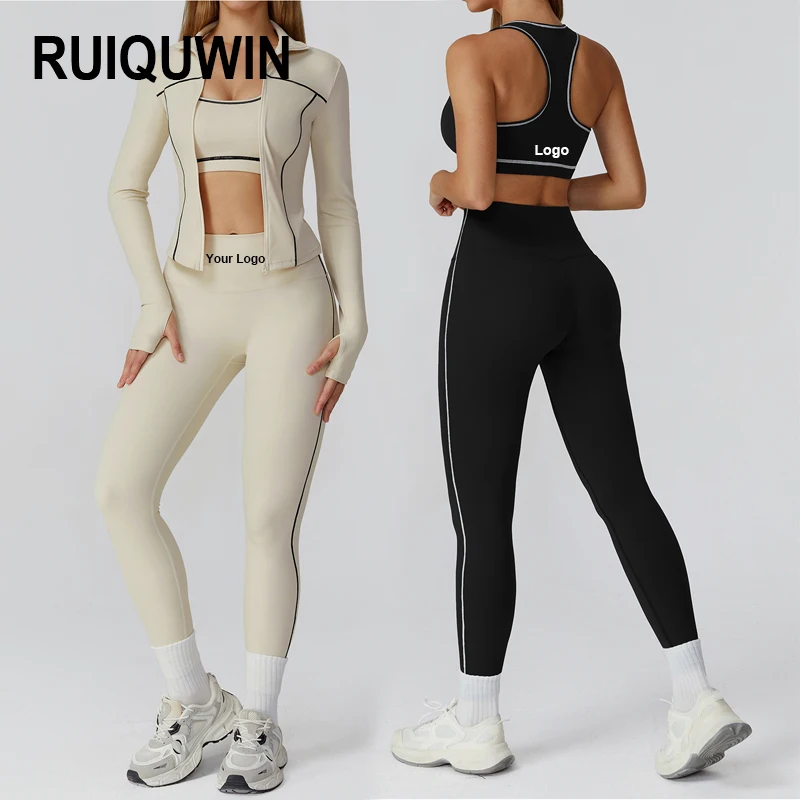 RUIQUWIN Set Sportivo da Donna a Vita Alta Leggings da Yoga a Maniche Lunghe Pantaloni a Vita Alta per Donna Vendita all'Ingrosso OEM