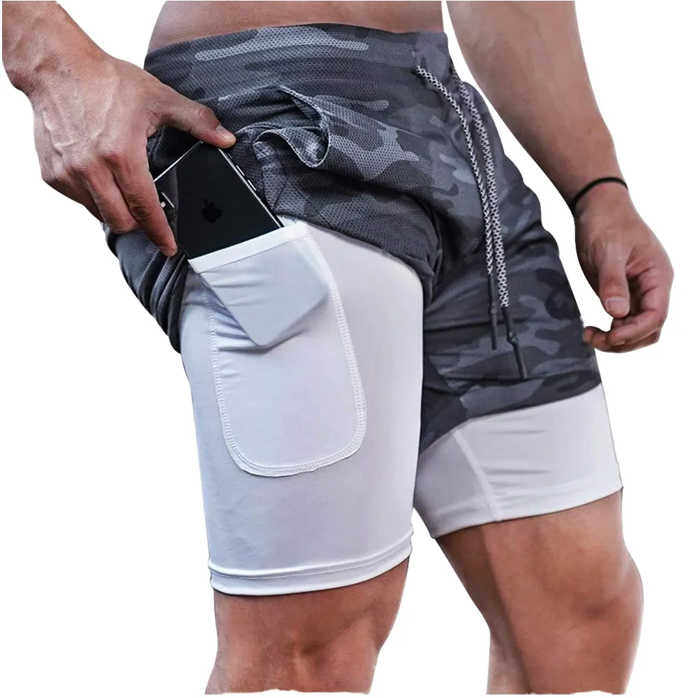 Pantaloncini da corsa mimetici da uomo 2 in 1 pantaloncini sportivi da ginnastica ad asciugatura rapida a due piani pantaloncini da ginnastica da Jogging per il Fitness pantaloncini da uomo sportivi