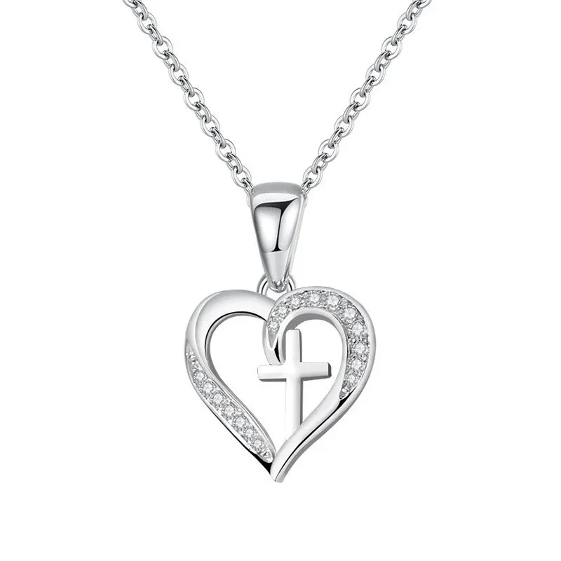 Collana con ciondolo a forma di cuore in argento Sterling S925 collana con ciondolo a forma di cuore e croce in argento raffinato