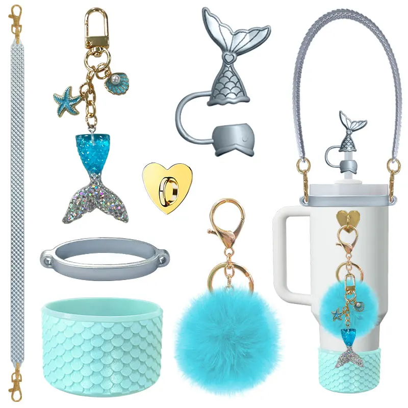 Nuovo Set di Accessori per Bicchieri da 40oz Serie Squame di Pesce 7 Pezzi Copri-Cannuccia in Silicone Set Regalo Promozionale