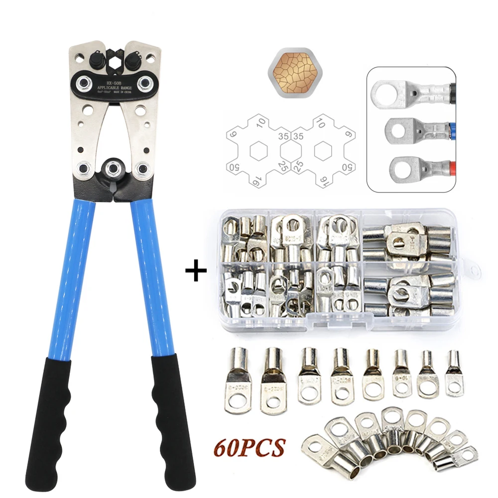 Pinze Crimpatrici 6-50mm² AWG 22-10 per Terminali ad Anello Pinze per Cablaggio Terminali per Cavi Nudi Connettori Saldati Kit HX-50B