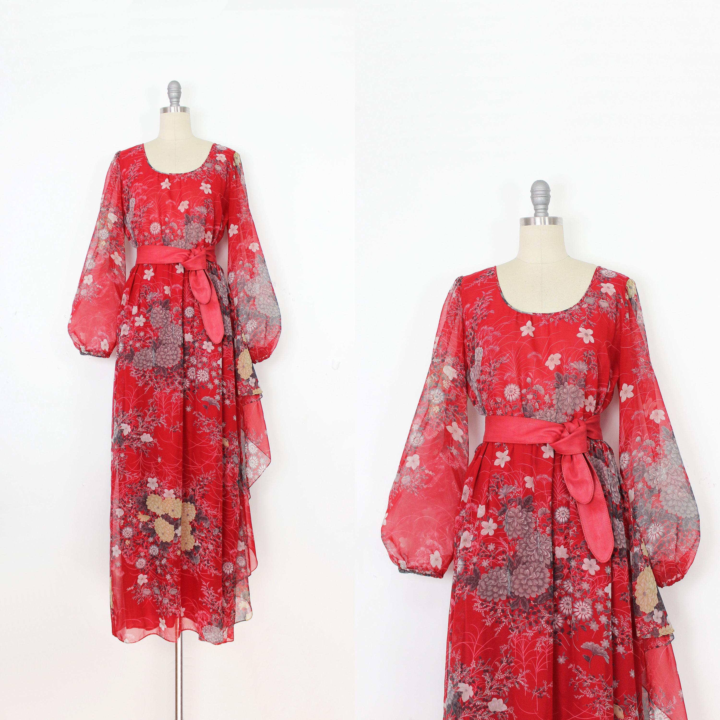 abito vintage anni '70 HANAE MORI / abito in chiffon floreale anni '70 / abito in chiffon anni '70 / abito con maniche a palloncino / abito in chiffon