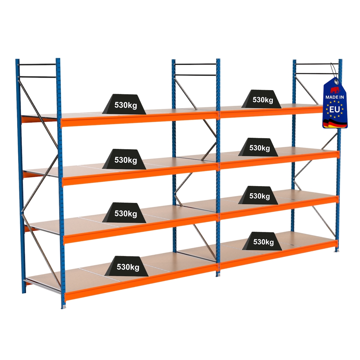 PROREGAL Industrie Schwerlastregal MAXIMUS PRO, Komplettregal, HxBxT 300x500x100cm, 4 Ebenen, Spanplatten-Fachboden, Fachlast 530 kg, Blau/Orange Image