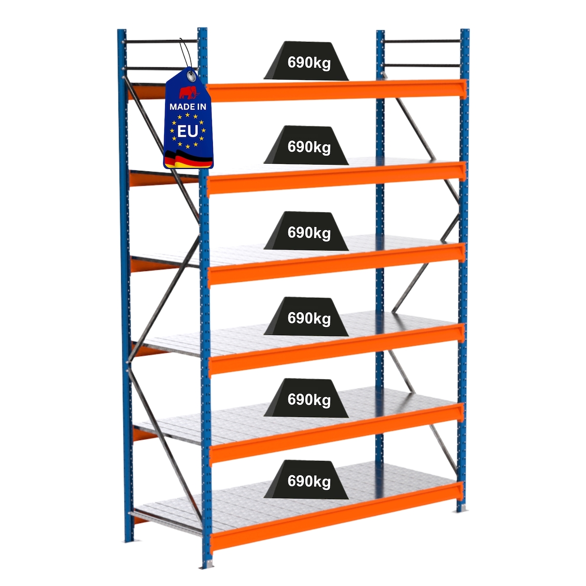 Proregal Industrie Weitspannregal Lagerregal MAXIMUS PRO | Grundregal | HxBxT 300x200x80cm | 6 Ebenen | Stahlplatten-Fachboden | Fachlast 690 kg | Blau/Orange Image