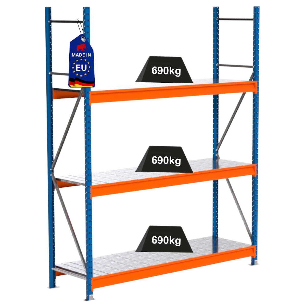 Proregal Industrie Weitspannregal Lagerregal MAXIMUS PRO | Grundregal | HxBxT 250x200x60cm | 3 Ebenen | Stahlplatten-Fachboden | Fachlast 690 kg | Blau/Orange Image