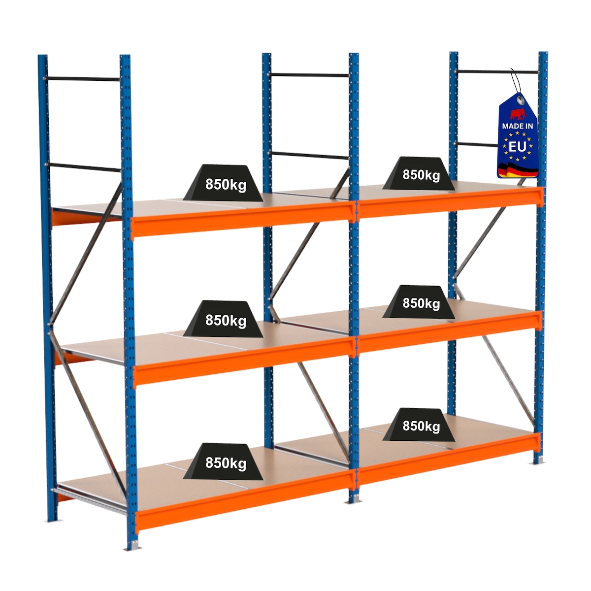 PROREGAL Industrie Schwerlastregal MAXIMUS PRO, Komplettregal, HxBxT 250x300x80cm, 3 Ebenen, Spanplatten-Fachboden, Fachlast 850 kg, Blau/Orange Image