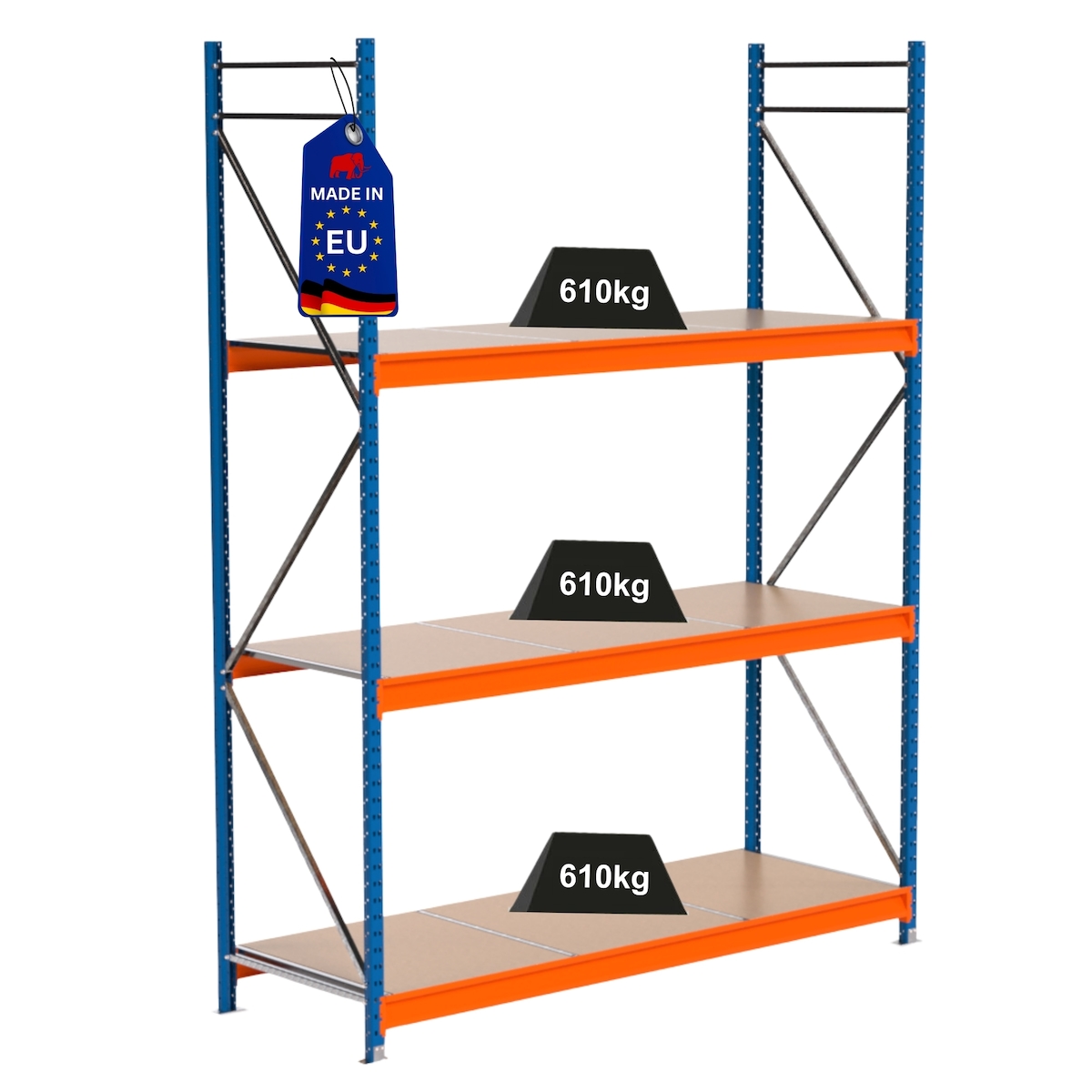 Proregal Industrie Weitspannregal Lagerregal MAXIMUS PRO | Grundregal | HxBxT 300x225x80cm | 3 Ebenen | Spanplatten-Fachboden | Fachlast 610 kg | Blau/Orange Image