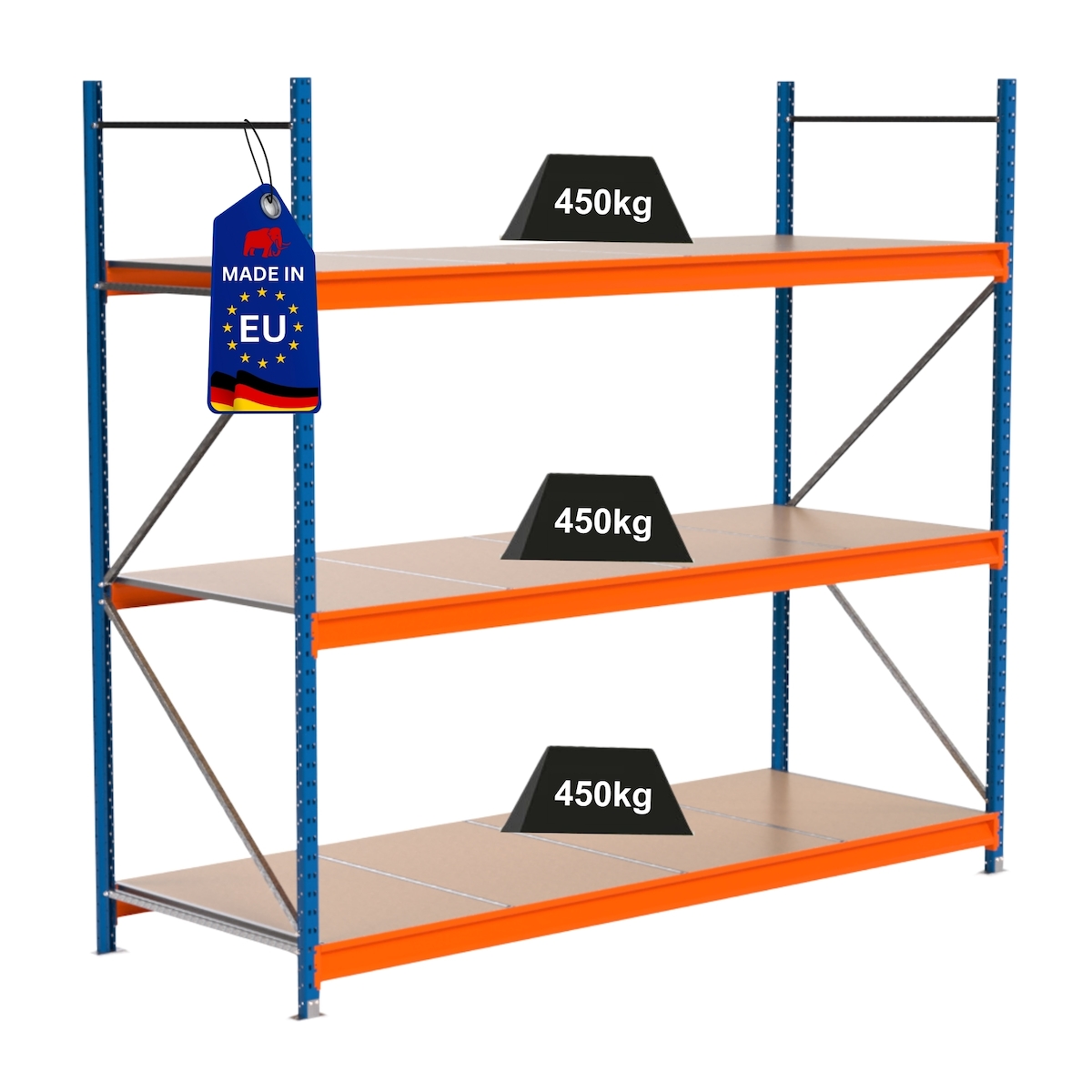 PROREGAL Industrie Schwerlastregal MAXIMUS PRO, Grundregal, HxBxT 250x275x100cm, 3 Ebenen, Spanplatten-Fachboden, Fachlast 450 kg, Blau/Orange Image