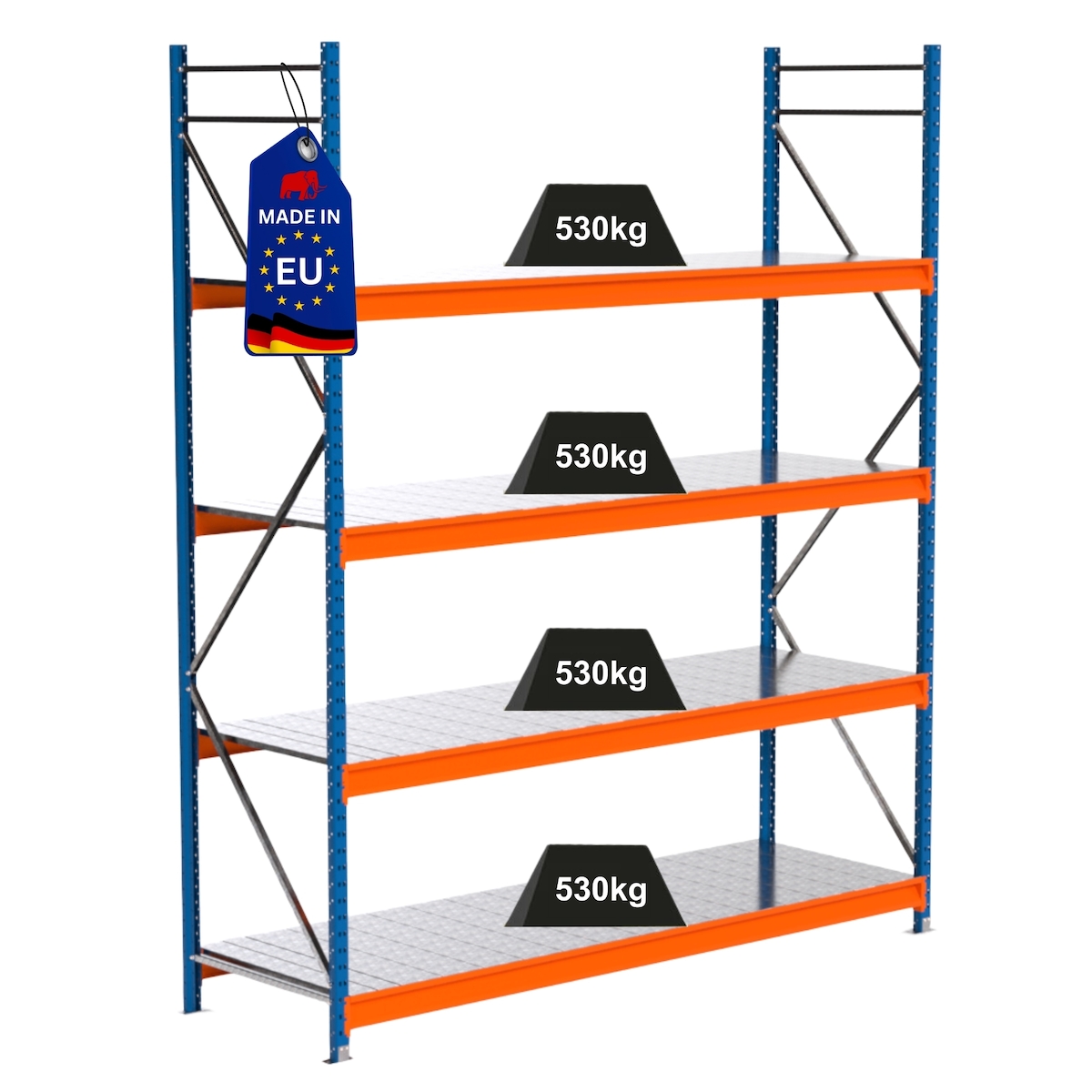 Proregal Industrie Weitspannregal Lagerregal MAXIMUS PRO | Grundregal | HxBxT 300x250x80cm | 4 Ebenen | Stahlplatten-Fachboden | Fachlast 530 kg | Blau/Orange Image