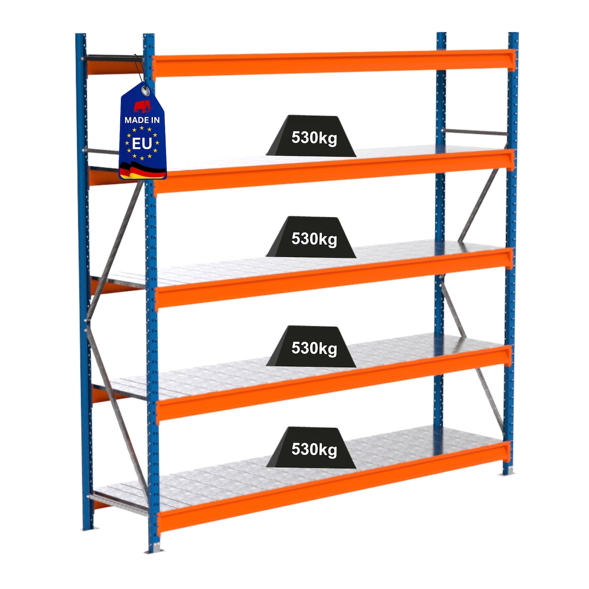 PROREGAL Industrie Schwerlastregal MAXIMUS PRO, Grundregal, HxBxT 250x250x60cm, 5 Ebenen, Stahlplatten-Fachboden, Fachlast 530 kg, Blau/Orange Image