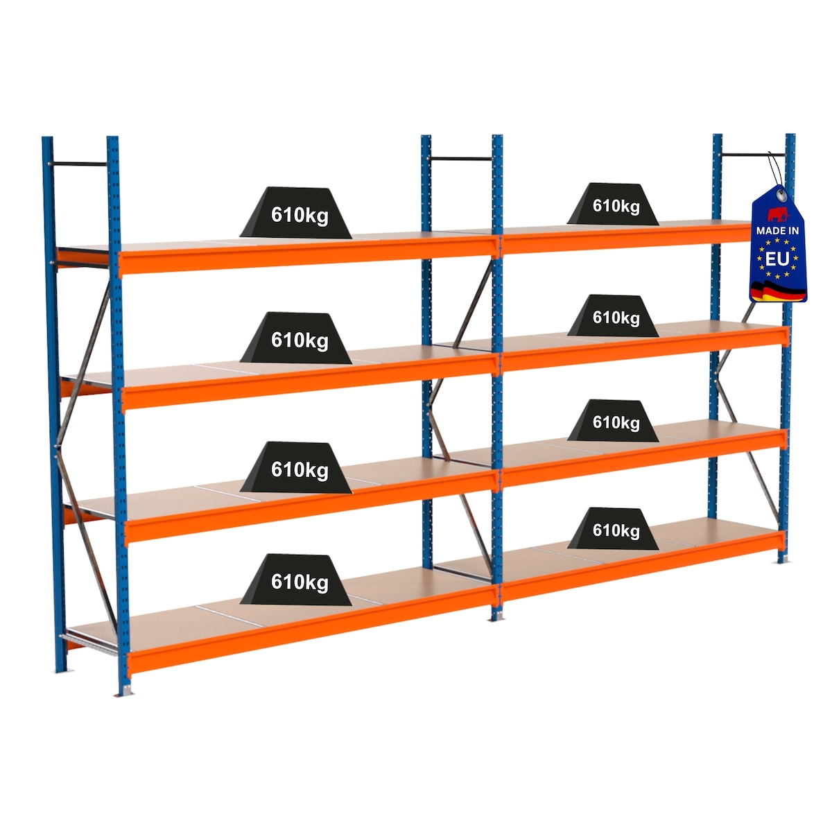 PROREGAL Industrie Schwerlastregal MAXIMUS PRO, Komplettregal, HxBxT 250x450x60cm, 4 Ebenen, Spanplatten-Fachboden, Fachlast 610 kg, Blau/Orange Image