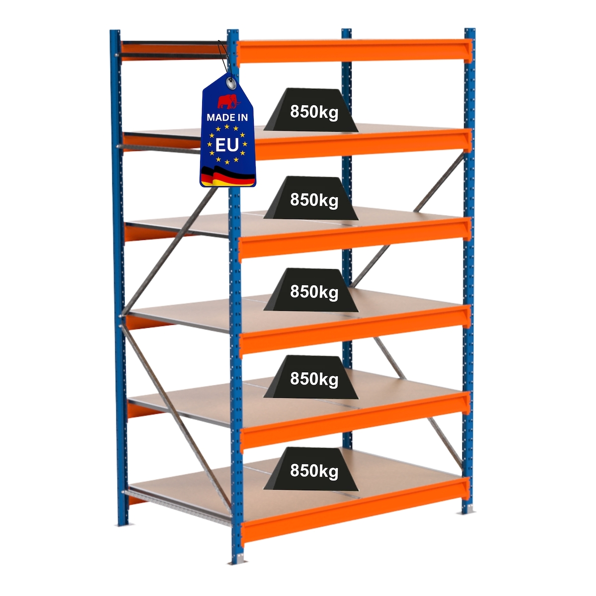 Proregal Industrie Weitspannregal Lagerregal MAXIMUS PRO | Grundregal | HxBxT 250x150x80cm | 6 Ebenen | Spanplatten-Fachboden | Fachlast 850 kg | Blau/Orange Image