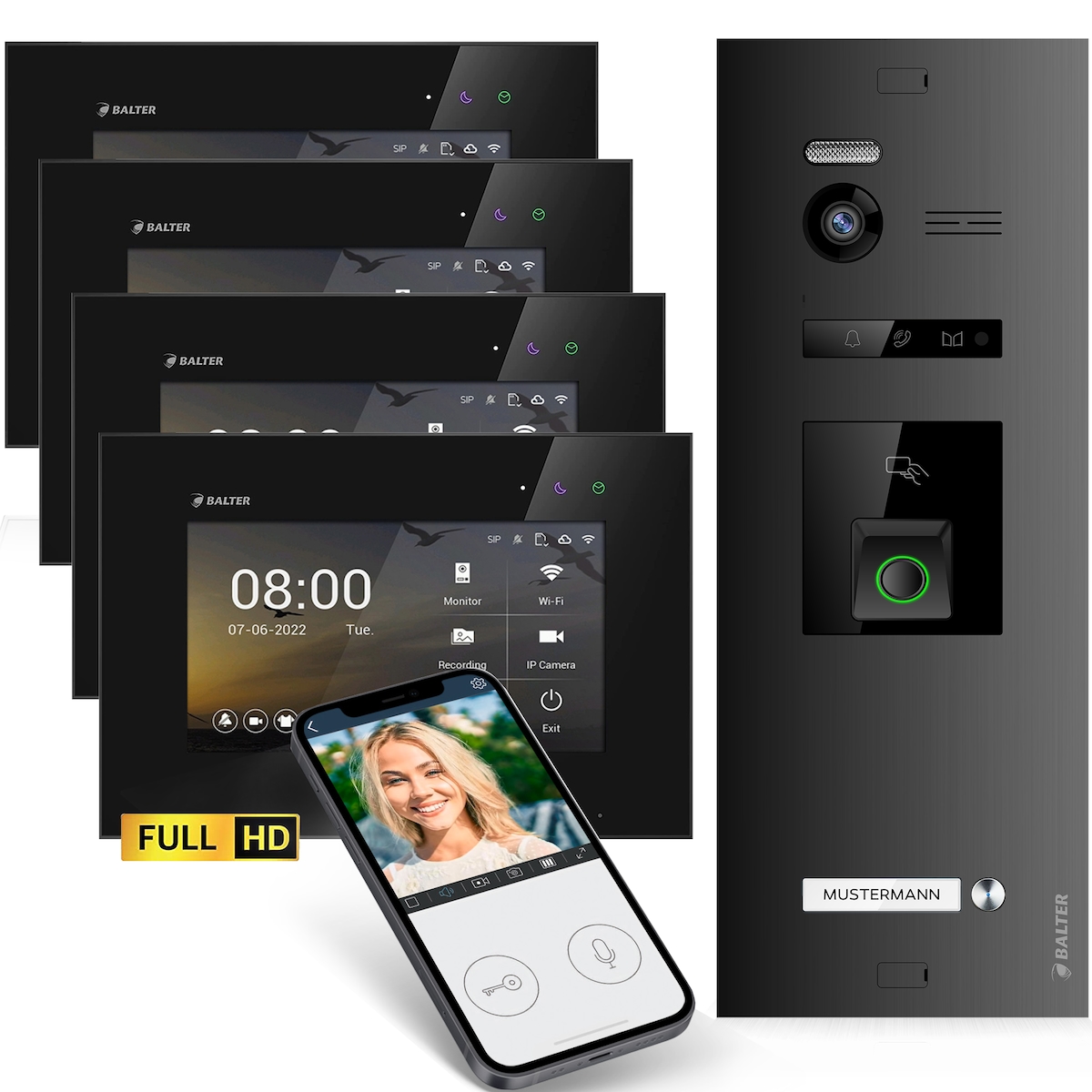 HD Video Türsprechanlage mit Fingerprint RFID und Smartphone App für 1 Familienhaus, 4x Monitore, Balter EVO HD Fingerprint Image
