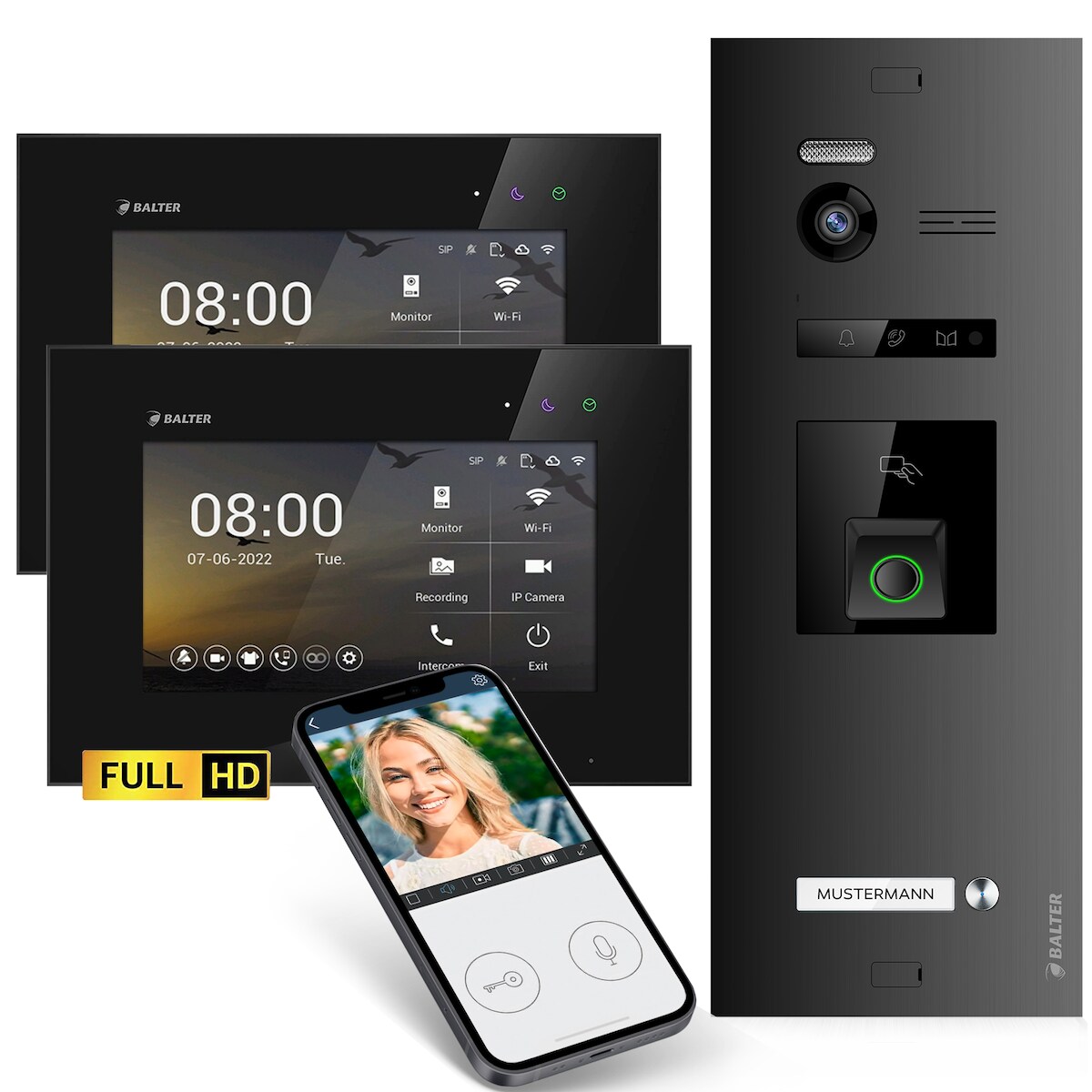 HD Video Türsprechanlage mit Fingerprint RFID und Smartphone App für 1 Familienhaus, 2x Monitore, Balter EVO HD Fingerprint Image