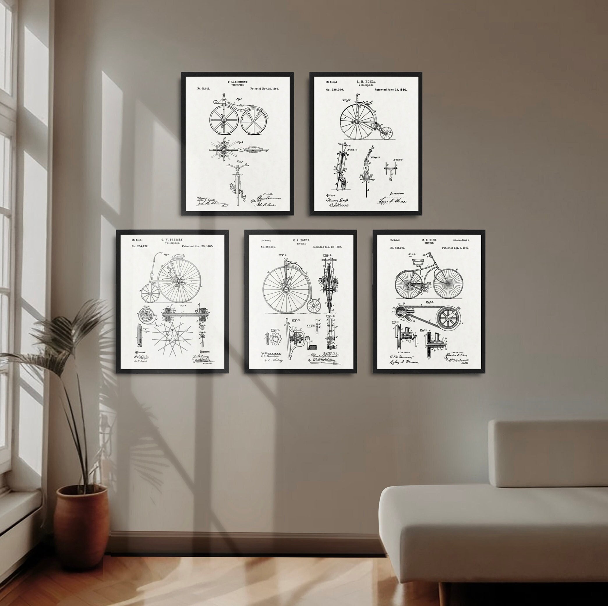 Set di 5 stampe di brevetti di biciclette d'epoca, poster di brevetti di Velocipede, stampe di brevetti di disegni di biciclette d'epoca, poster di bi