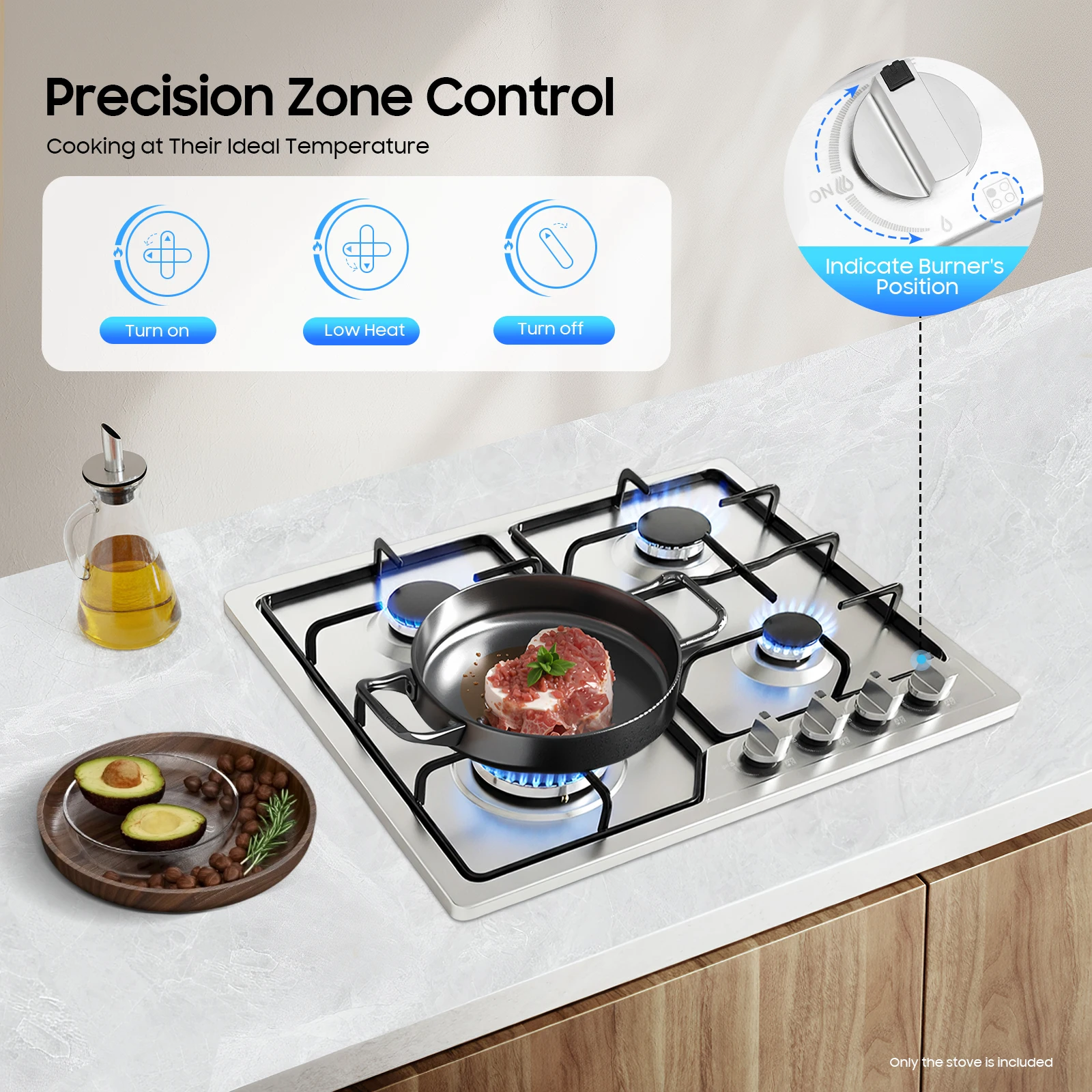 Eingebauter Gasherd aus Edelstahl mit 4 Brennungen, Erdgasherd aus Edelstahl mit 4 Kochzonen