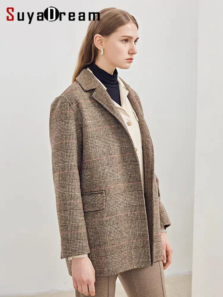 SuyaDream Handgefertigter 90% Woll-Blazer für Damen 2025 Eleganter Schicker Wollmischung Khaki Blauer Wintermantel Image