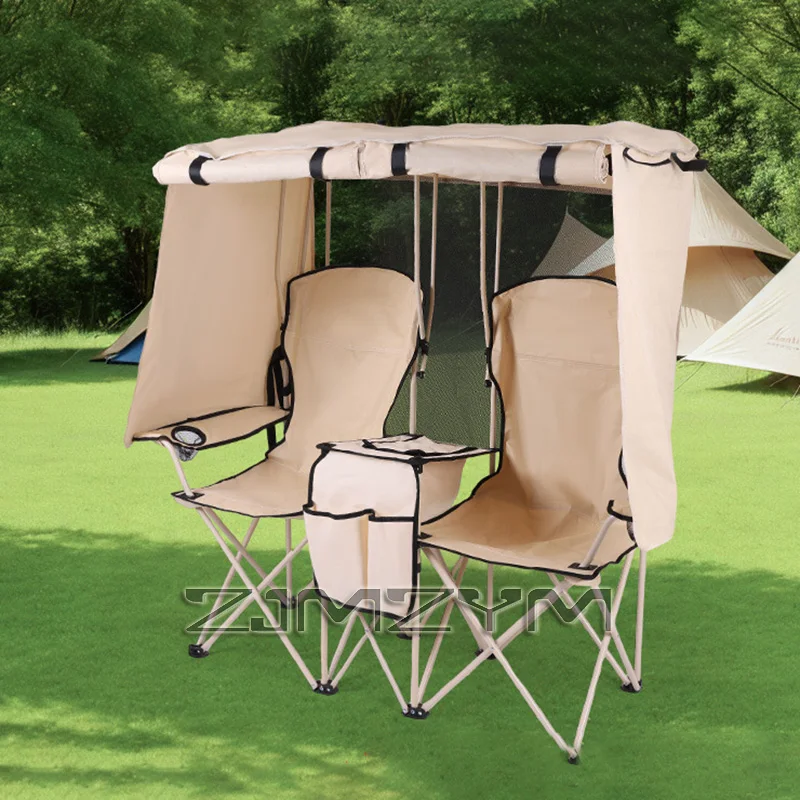 Outdoor Camping Freizeit Doppel-Klappstuhl Angelstuhl Strandstuhl mit Integriertem Sonnenschutz Regenschutz Regiestuhl