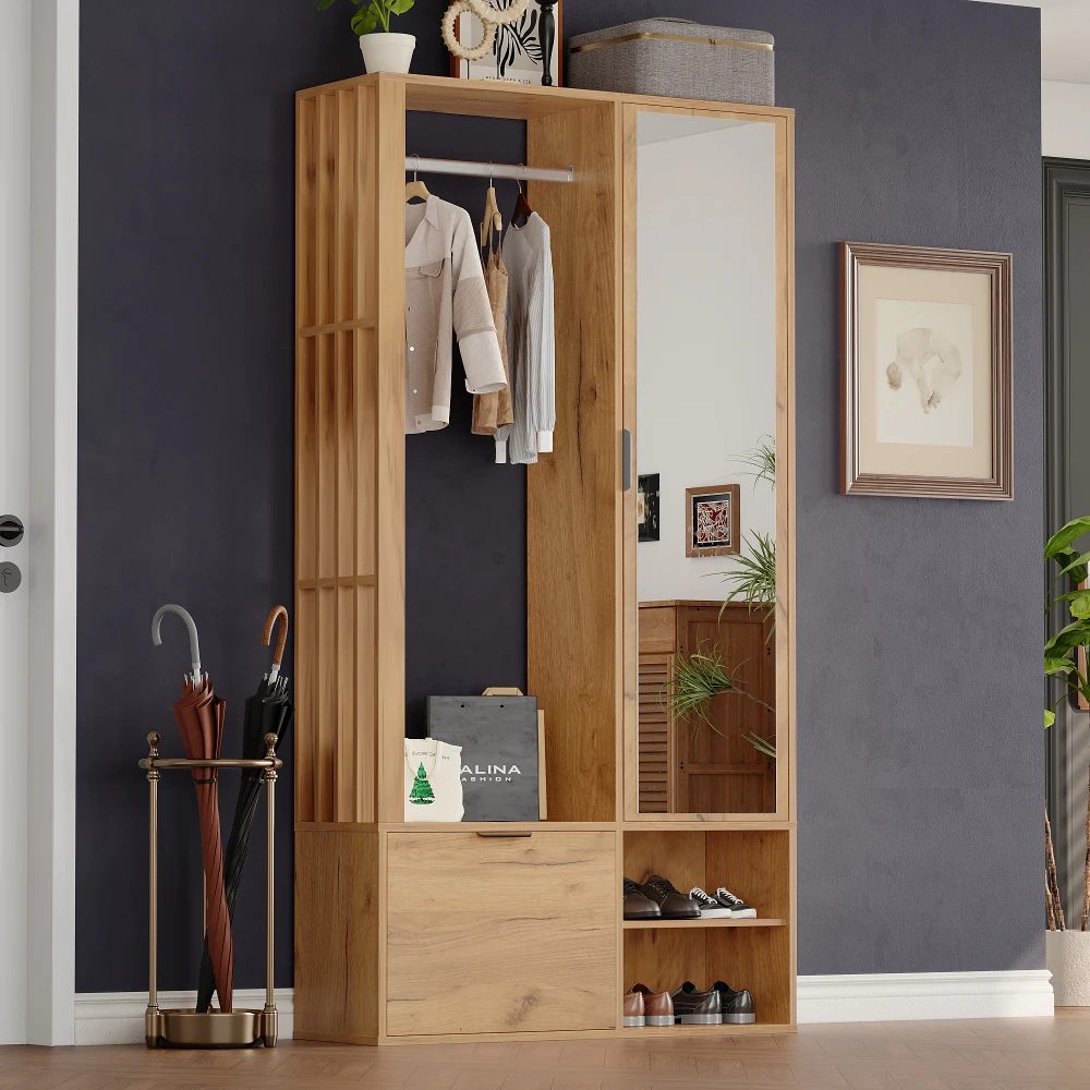 Multifunktionaler 6-in-1 Flur-Kleiderschrank 100*33*190cm mit Spiegel, Kleiderstange, Platzsparender Eingangsbereich-Schrank mit Unteren Türen