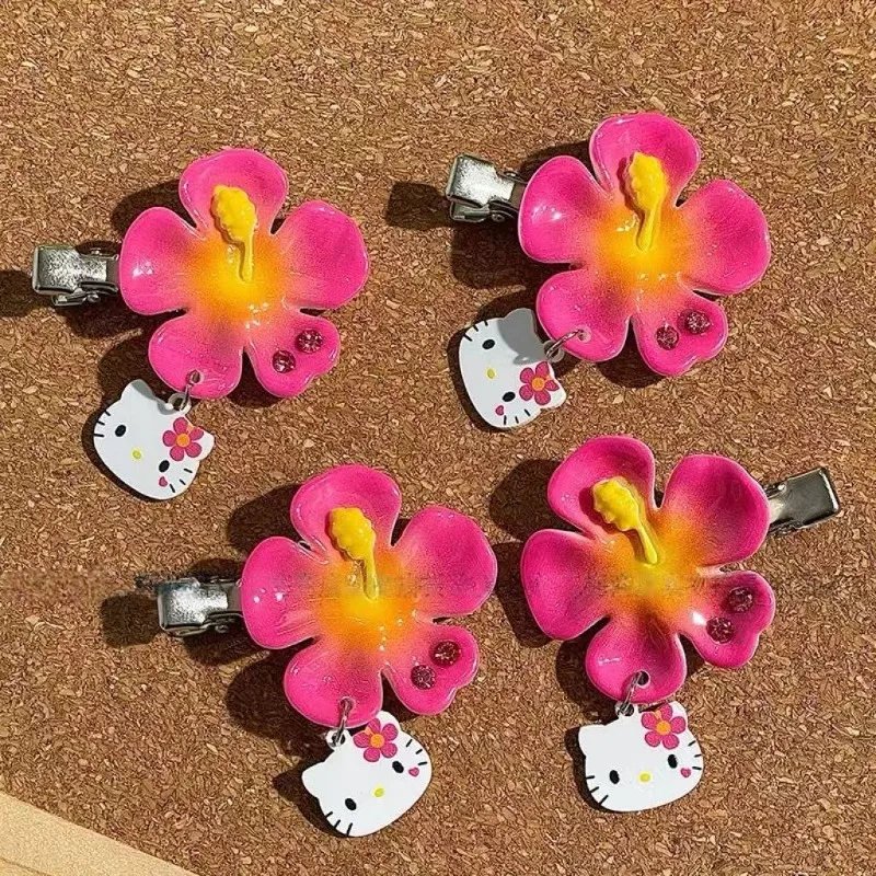 Sanrio Hello Kitty Hawaii Haarspange Frangipani Sommer Strand Schwarze Haut Kitty Katze Haarschmuck Y2K Cartoon Kopfbedeckung Pony Image