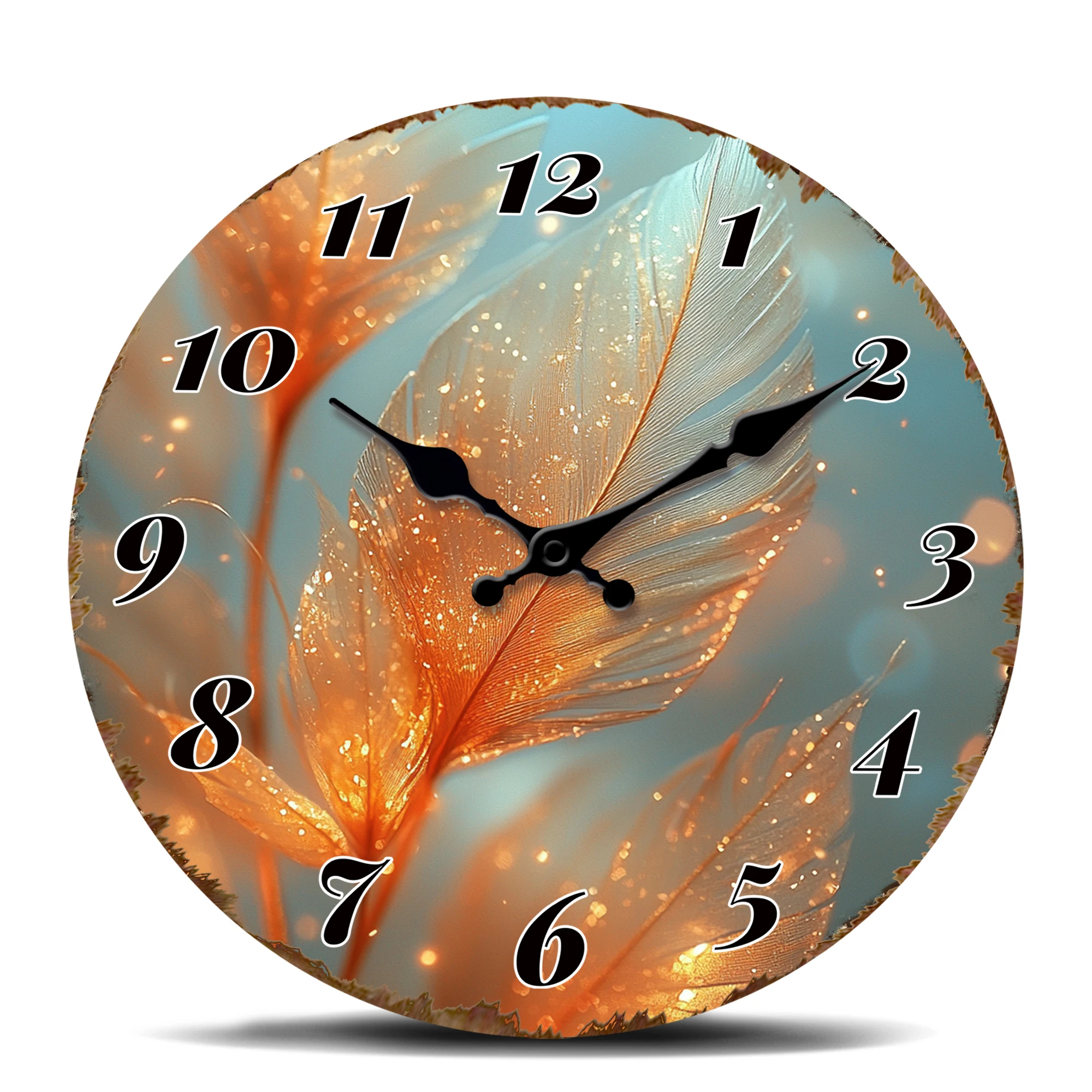 Goldene Feder Glamour Wanduhr, Schimmerndes Feder-Design Runde Zeituhr, Luxuriöse Heimdekoration Hängeuhr mit Funkelndem Bokeh Image