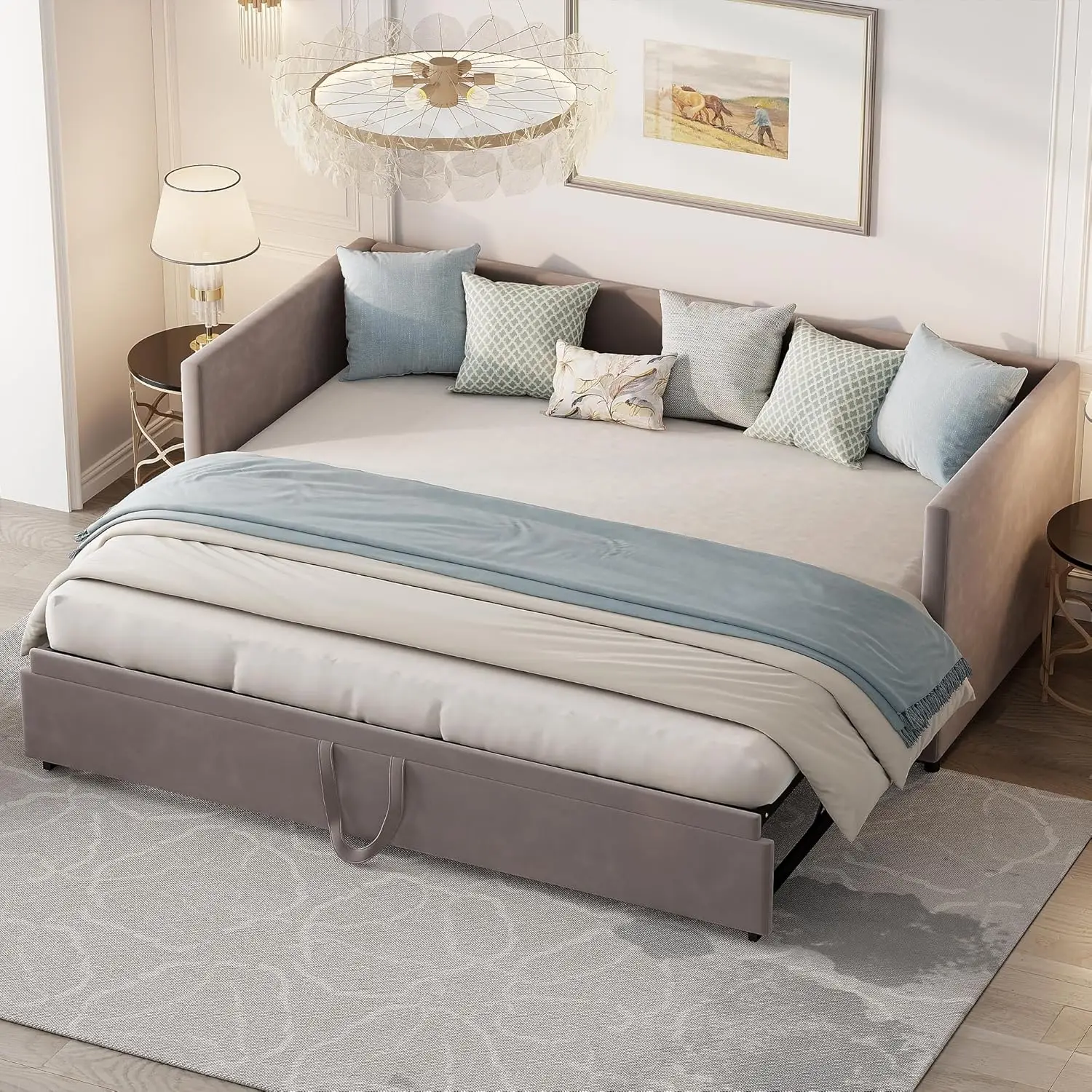 Ausziehbares gepolstertes Tagesbett aus Samtstoff, 90/180 x 200 cm, Gäste-Doppelschlafsofa, 2 Erwachsene, Grau, individuell Image