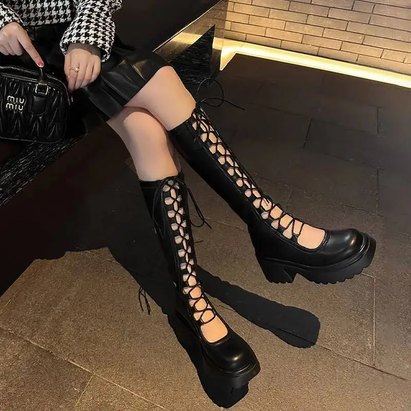Damen Hohe Stiefel Schnürung Kniestrümpfe Damen Leder Frühling Sommer Herbst Petite Dicke Sohlen Stretch Image