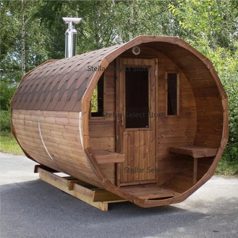 Anzahlung Traditionelle Panorama-Fass-Damp sauna für 4–6 Personen aus rotem Zedernholz für den Außenbereich mit Rückenlehne Image