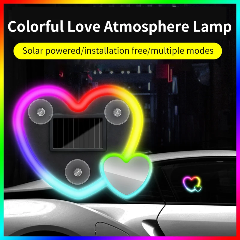 Auto Solarenergie Doppel herzförmige Atmosphäre Lampe dreieckiges Fenster Pfirsich Herz siebenfarbige Lampe Liebe Neonlampe bunter Fluss Image